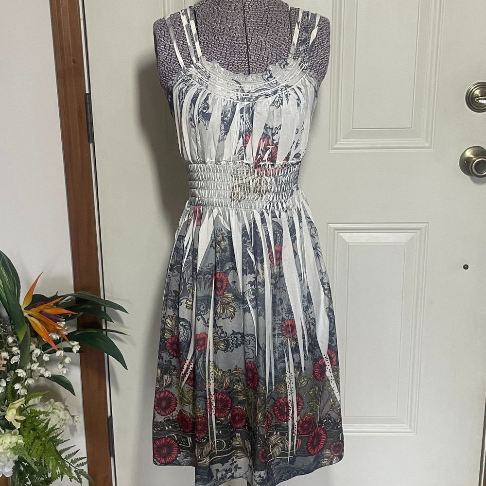 Airy Summer Dress w/Floral Print & Crystals